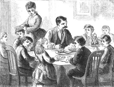 hand drawn sketch of a family sitting around a table enjoying a meal