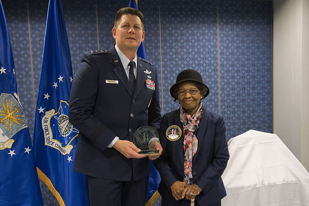 Gladys Mae West being inducted into the Air Force Space and Missile Pioneers Hall of Fame in 2018